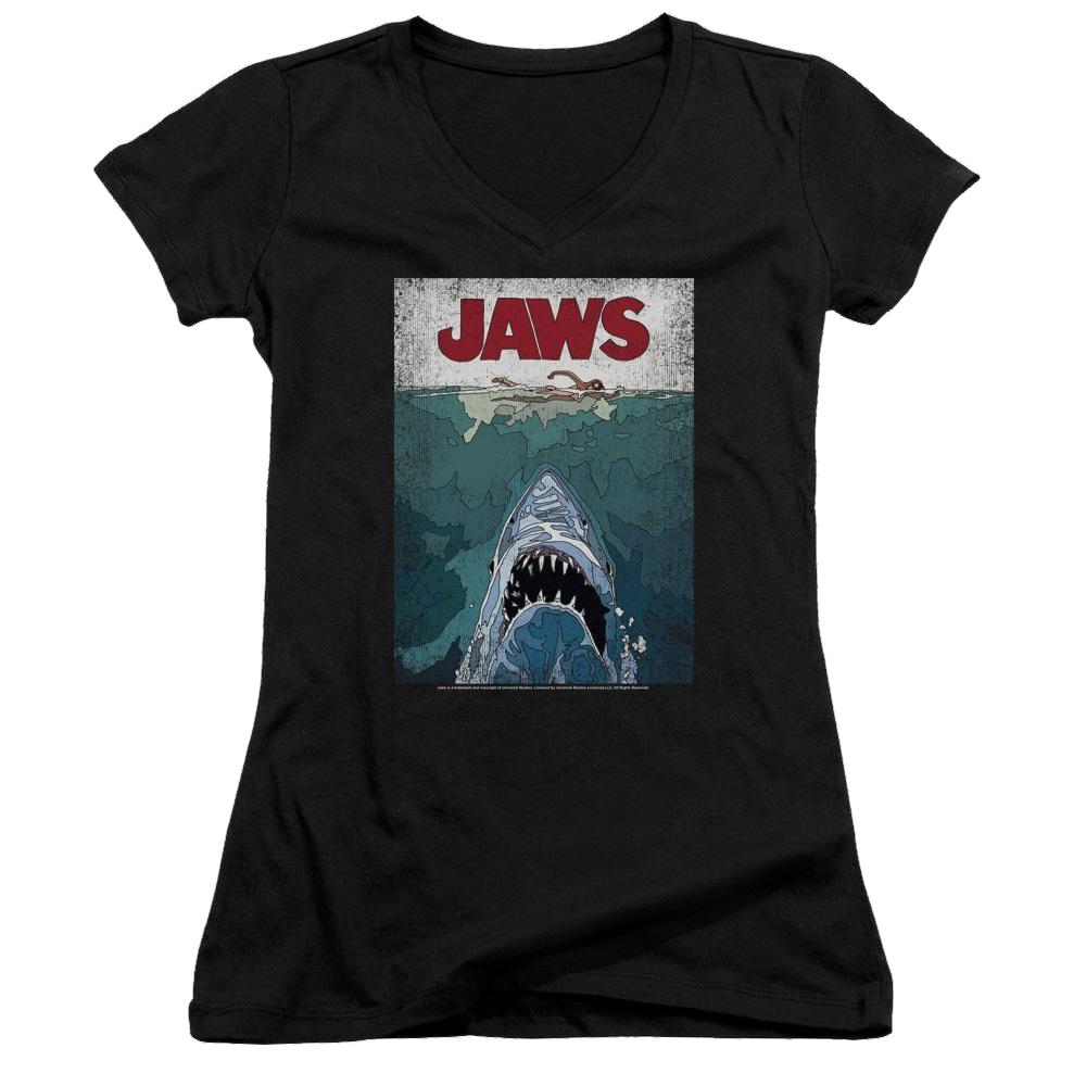 Jaws Lined Poster Juniors V-Neck T-Shirt Juniors V-Neck T-Shirt Jaws   