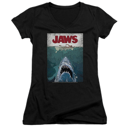 Jaws Lined Poster Juniors V-Neck T-Shirt Juniors V-Neck T-Shirt Jaws   