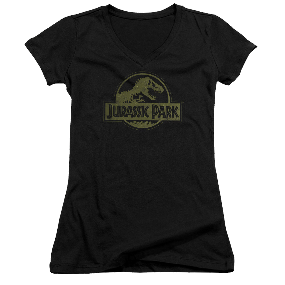 Jurassic Park Distressed Logo Juniors V-Neck T-Shirt Juniors V-Neck T-Shirt Jurassic Park   