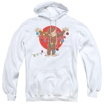 White pullover hoodie with Curious George Lights graphic