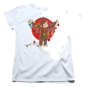 White women's t-shirt with Curious George Lights graphic