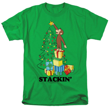 Kelly green men's regular fit t-shirt with Curious George Stackin graphic