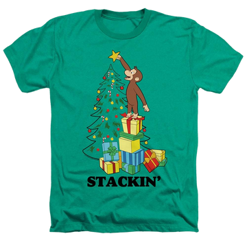 Kelly green men's heather t-shirt with Curious George Stackin graphic