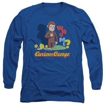 Royal men's long sleeve t-shirt with Curious George Who Me graphic