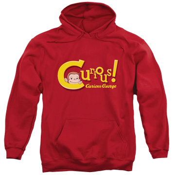 Red pullover hoodie with Curious George Curious graphic