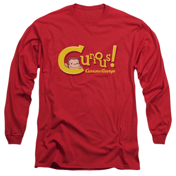Red men's long sleeve t-shirt with Curious George Curious graphic