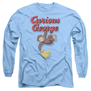 Carolina blue men's long sleeve t-shirt with Curious George Hangin Out graphic