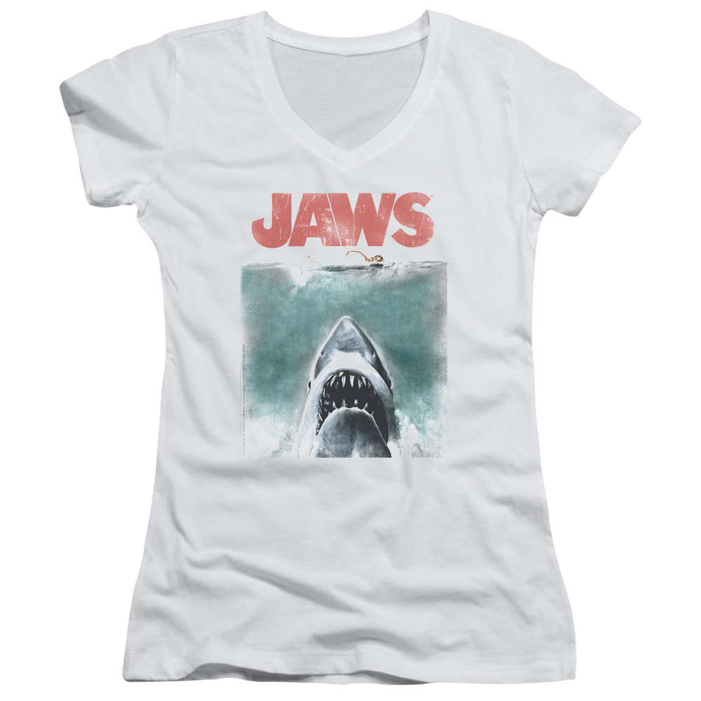 Jaws Vintage Poster Juniors V-Neck T-Shirt Juniors V-Neck T-Shirt Jaws   