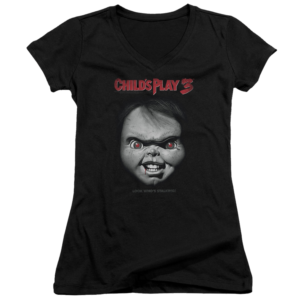 Child's Play 3 Face Poster - Juniors V-Neck T-Shirt Juniors V-Neck T-Shirt Child's Play   