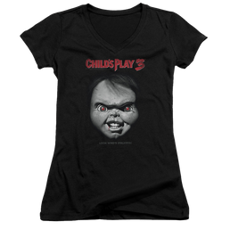 Child's Play 3 Face Poster - Juniors V-Neck T-Shirt Juniors V-Neck T-Shirt Child's Play   