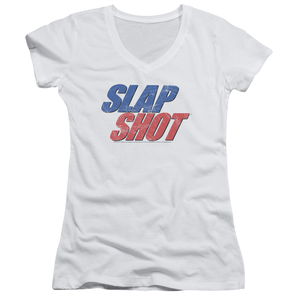 Slap Shot Blue & Red Logo - Juniors V-Neck T-Shirt Juniors V-Neck T-Shirt Slap Shot   