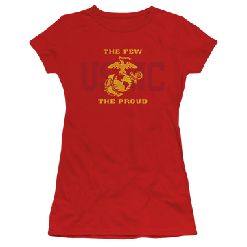 Red juniors t-shirt with U.S. Marine Corps Split Tag graphic