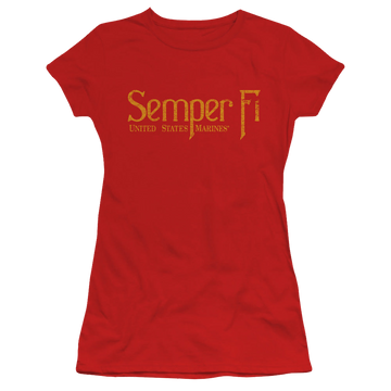Red juniors t-shirt with U.S. Marine Corps Semper Fi graphic