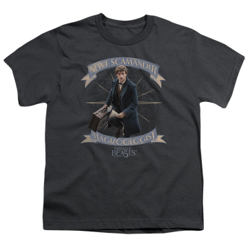 Charcoal youth t-shirt for ages 8 to 12 with Fantastic Beasts and Where to Find Them Newt Scamander graphic