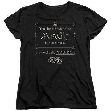 Black women's t-shirt with Fantastic Beasts Magic To Work Here graphic