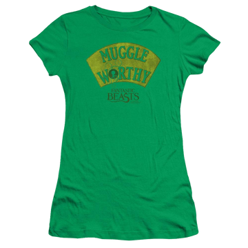 Kelly green juniors t-shirt with Fantastic Beasts Muggle Worthy graphic