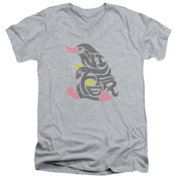 Athletic heather men's v-neck t-shirt with Fantastic Beasts Niffler graphic