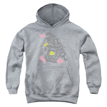 Athletic heather youth hoodie for ages 8 to 12 with Fantastic Beasts and Where to Find Them Niffler graphic