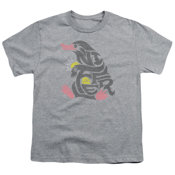 Athletic heather youth t-shirt for ages 8 to 12 with Fantastic Beasts and Where to Find Them Niffler graphic