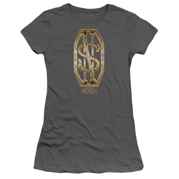 Charcoal juniors t-shirt with Fantastic Beasts Scamander Monogram graphic