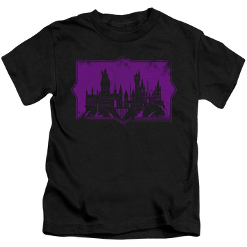 Black kid's t-shirt for ages 4 to 7 with Fantastic Beasts And The Crimes Of Grindlewald Hogwarts Silhouette graphic
