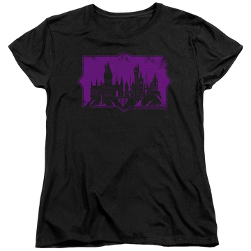 Black women's t-shirt with Fantastic Beasts And The Crimes Of Grindlewald Hogwarts Silhouette graphic