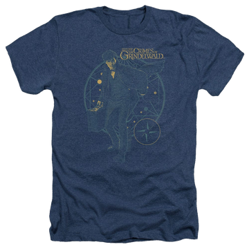 Navy men's heather t-shirt with Fantastic Beasts Watchmen Suitcase graphic