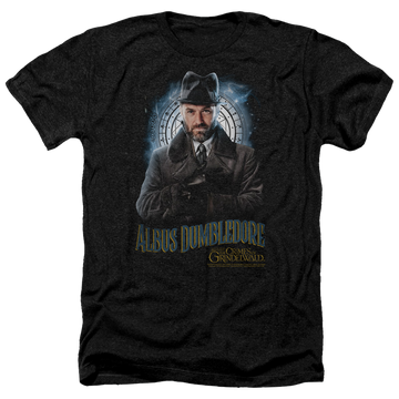 Charcoal men's heather t-shirt with Fantastic Beasts and Crimes of Grindlewald Dumbledore graphic