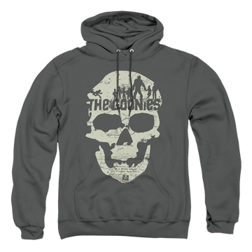 Charcoal pullover hoodie with The Goonies Skull Map graphic