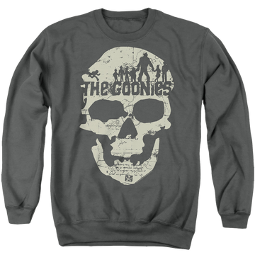 Charcoal men's crewneck sweatshirt with The Goonies Skull Map graphic