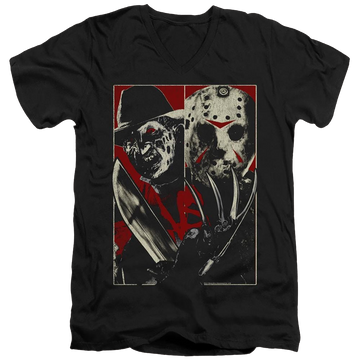 Black men's v-neck t-shirt with Freddy vs Jason Vs graphic