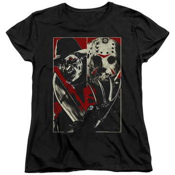 Black women's t-shirt with Freddy vs Jason Vs graphic