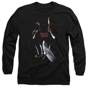 Black men's long sleeve t-shirt with Freddy vs Jason Face Off graphic