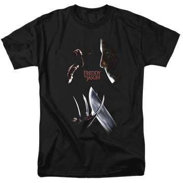 Black men's regular fit t-shirt with Freddy vs Jason Face Off graphic