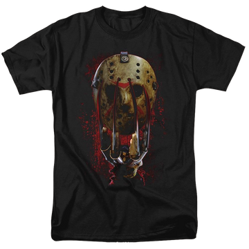 Black men's regular fit t-shirt with Freddy vs Jason Mask And Claws graphic