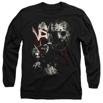 Black men's long sleeve t-shirt with Freddy vs Jason Scratches graphic