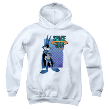 White youth hoodie for ages 8 to 12 with Space Jam - A New Legacy Bugs Batman graphic