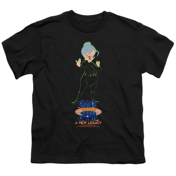Black youth t-shirt for ages 8 to 12 with Space Jam - A New Legacy Granny Matrix graphic
