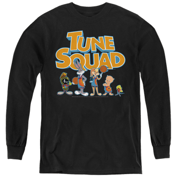Black youth long sleeve t-shirt with Space Jam - A New Legacy Tune Squad Letters graphic