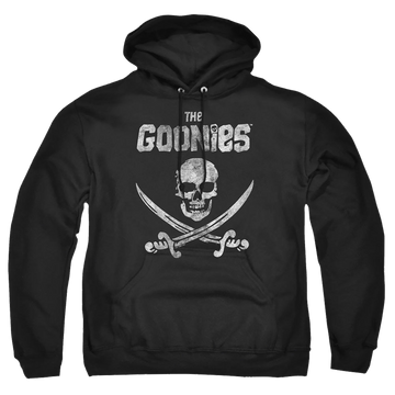 Black pullover hoodie with The Goonies Flag 1 graphic
