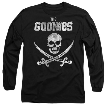 Black men's long sleeve t-shirt with The Goonies Flag 1 graphic