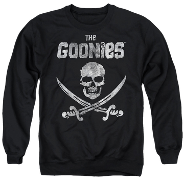 Black men's crewneck sweatshirt with The Goonies Flag 1 graphic