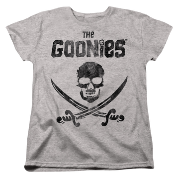 Athletic heather women's t-shirt with The Goonies Flag 2 graphic