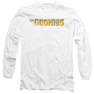 White men's long sleeve t-shirt with The Goonies Logo graphic