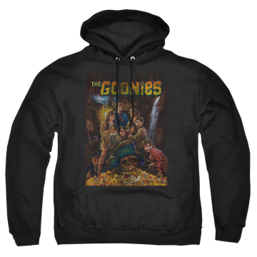 Black pullover hoodie with The Goonies Poster graphic