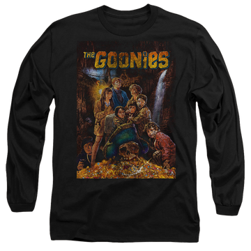 Black men's long sleeve t-shirt with The Goonies Poster graphic
