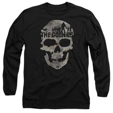Black men's long sleeve t-shirt with The Goonies Skull 1 graphic