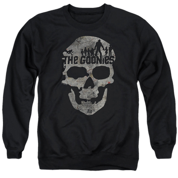 Black men's crewneck sweatshirt with The Goonies Skull 1 graphic