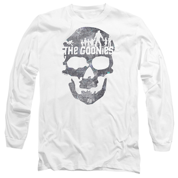 White men's long sleeve t-shirt with The Goonies Skull 2 graphic