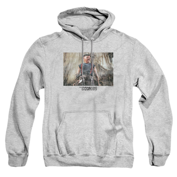 Athletic heather pullover hoodie with The Goonies Sloth 1 graphic